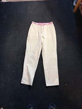 L.L.Bean Women's Cream Cotton Stretch Chino Pants with Pink Trim & Ankle Tabs Si